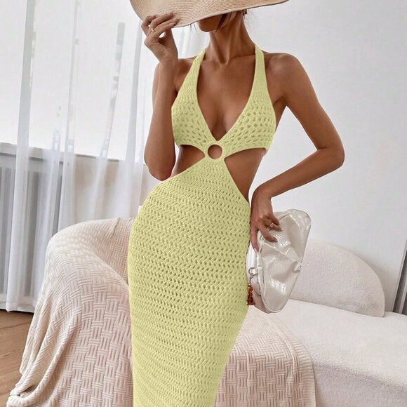 Yellow Sexy Women's Vacation Side Cutout Halter Lace-Up Knitted Dress - Picture 7 of 8
